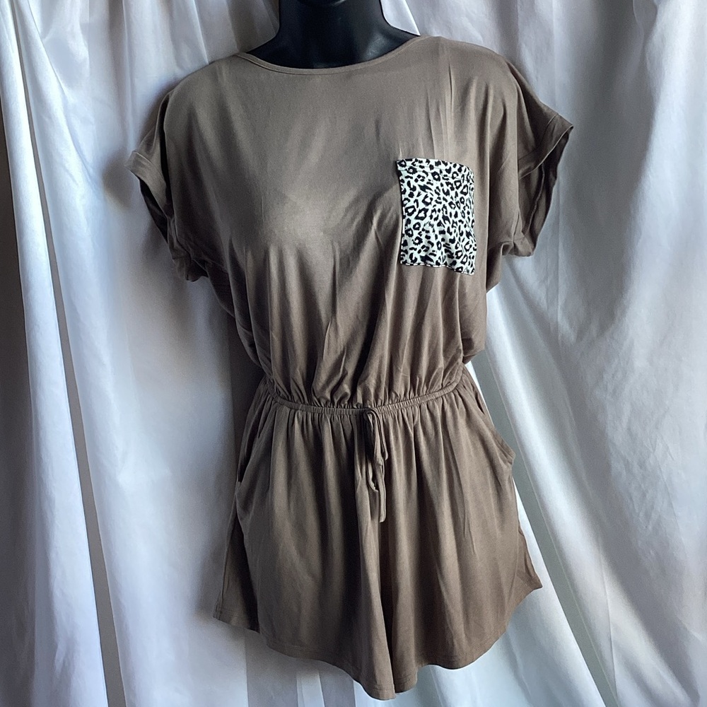 She + Sky Romper Taupe Leopard Accent